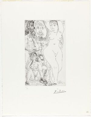  "Les modes changent: Deux couples," an etching on paper by Pablo Picasso, featuring abstract figures of two couples in black lines with a dreamlike quality.