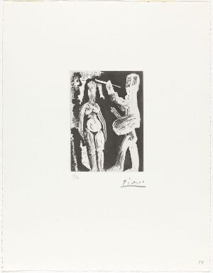  "Peintre, modèle et spectateur" by Pablo Picasso, a monochrome aquatint etching on paper featuring an abstract scene of three figures with one appearing to be an artist holding painting tools, the second as a model posing, and the third as a spectator observing them, all set against a stark white background.