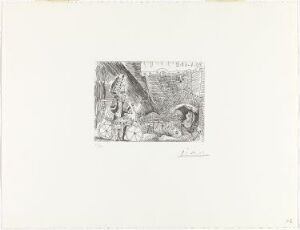  Black and white etching titled "Polichinelle avec une bicyclette d'acrobate, et odalisque au hibou" by Pablo Picasso, featuring an intricate depiction of the Polichinelle character entwined with an acrobat's bicycle and an odalisque with an owl, all encased in a spacious white border with the artist's signature in the lower right.