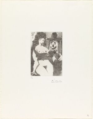  "Vieux clown avec une ravissante personne," an aquatint on paper by Pablo Picasso, presenting a black and white image of a clown and a charming companion in close interaction, with the clown showing exaggerated facial features typical of a performer, against a plain background.