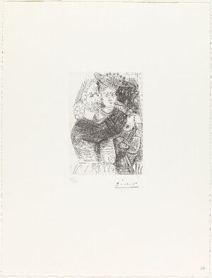  "Portrettet" by Pablo Picasso, a line etching on paper showcasing an abstract figure in an intimate embrace, rendered in a monochromatic palette with intricate lines and varying shades of gray on a white background.