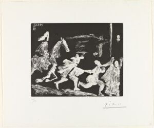  "Cape et épée. Poursuite I" by Pablo Picasso, a black and white aquatint on paper capturing an expressive and dynamic scene with human and equine figures in motion, suggesting a dramatic narrative.