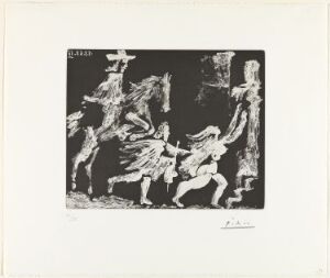  "Cape et épée. Poursuite II" by Pablo Picasso - a black and white aquatint print on paper showing abstract human-like figures in a dynamic scene of pursuit, with broad strokes and varying tones creating a sense of movement and contrast.