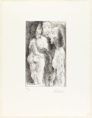  "Grosse courtisane, avec une vieillard et un spectateur en costume" - A black and white etching by Pablo Picasso featuring a prominently posed courtesan, an older man, and a less defined spectator in costume. The figures are depicted with expressive, textured lines against a plain background. Artist's signature and title are at the bottom.