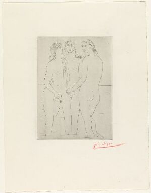  "Les trois baigneuses I" by Pablo Picasso is a monochromatic drypoint on paper featuring three outlined nude female figures standing closely together in a minimalist style, with soft grey lines on an ivory background and Picasso's red signature at the bottom right.