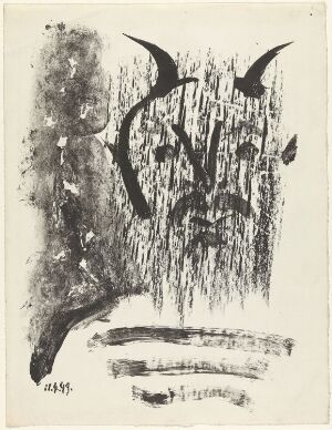  Abstract lithograph titled "Élégie d'Ihpétonga" by Pablo Picasso, featuring dynamic black brushstrokes on a white background, creating an evocative and textured visual experience.