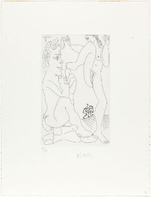  "Faune et bacchante, avec combat de faunes dans le lointain" by Pablo Picasso, an etching on paper showing a seated faun and a standing bacchante interacting with each other, with a distant scene of other fauns in conflict, all depicted in black lines on a white background.