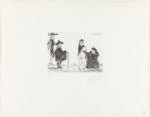  Black and white etching titled "La célestine en action: Racolage" by Pablo Picasso, featuring three characters in an old-fashioned attire, suggesting a scene from the renaissance period with a woman gesturing to two other figures.