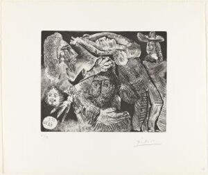  "Les trois mousquetaires. Enlèvement" by Pablo Picasso, a black and white aquatint and etching on paper depicting a dynamic scene with expressive, period-costumed figures suggestive of the three musketeers in a dramatic encounter.