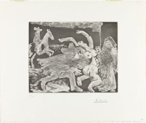  "La Célestine. Enlèvement" by Pablo Picasso, an expressive black and white aquatint, drypoint, and etching on paper, depicting an abstract scene with human and animal figures in a state of commotion and movement, characterized by Picasso's signature style of overlapping lines and bold forms.