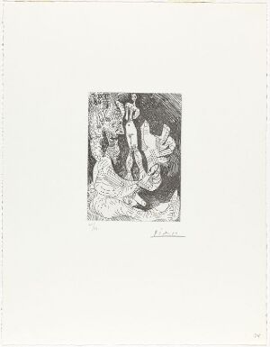  Etching titled "Vieux faune avec une poupée vivante" by Pablo Picasso, featuring monochromatic line work of a mythical faun and a smaller humanoid figure amidst abstract patterns, predominantly in black and grayscale on a white paper background with a wide margin.