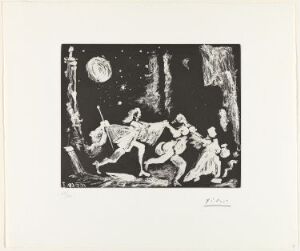  A black and white Pablo Picasso aquatint print titled "La Célestine et sa créature entraînent le pigeon beau payeur," presenting an intense scene with abstract human figures, where an old woman appears to lead a young man by hand, possibly with another figure's involvement, set against a dark background with a visible moon, all rendered with expressive lines and contrasting dark and light areas.