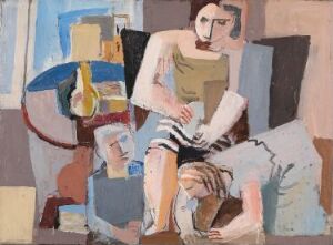  An abstract oil painting on canvas by Aage Storstein, featuring three stylized figures with elongated forms and muted earthy tones, including beige, light brown, and soft grays, with touches of pale blue and yellow, set against an indistinct background of interlocking shapes. The central figure appears contemplative and possibly seated, with interactions suggested between the figures.