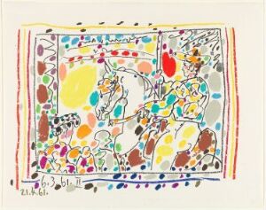  "Le picador II" by Pablo Picasso, a color lithograph on paper featuring abstract and energetic forms in a lively composition of bright yellows, reds, oranges, blues, greens, and purples, with multicolored lines bordering the edges.