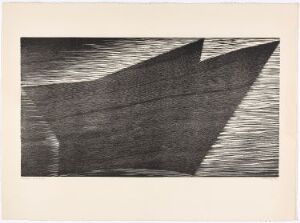  Monochromatic fine art print titled "GB 21-1957 Barque" by Anna-Eva Bergman, depicting an abstract, geometric barque in textured grayscale tones on paper, with lines suggesting wood grain on the vessel and ripples in the water below.