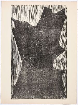  "GB 22-1957 Arbre" by Anna-Eva Bergman - A woodcut print on paper showing an abstract, central black shape with jagged edges resembling branches and a textured pattern within, set against a soft gray background, evoking the essence of a tree in a stark, monochromatic style.