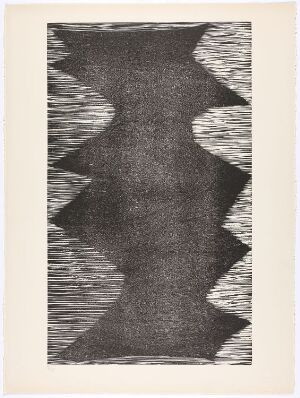  "GB 24-1957 Zig-zag" by Anna-Eva Bergman, a black and gray woodcut print on paper featuring a symmetrical, vertical zig-zag pattern with fine horizontal lines creating a graded texture from dark in the center to light at the edges, set against a light paper background.