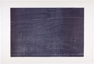  'GB 27-1967 Paysage aux deux lignes' by Anna-Eva Bergman, an abstract fine art woodcut on paper featuring a rich navy blue textured background with two parallel horizontal white lines suggesting a horizon on a seascape.