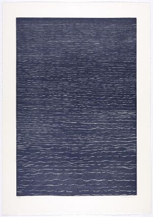  "GB 28-1967 Océan" by Anna-Eva Bergman, a woodcut print on paper with a pattern resembling waves in various shades of mangan blue with subtle highlights, evoking the serene and rhythmic essence of the ocean.