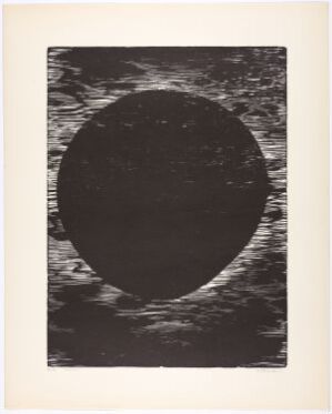  A woodcut print titled "GB 33-1968 Uranus" by Anna-Eva Bergman featuring the planet Uranus centered on the page, depicted in shades of black and grey with a textured surface. The planet is surrounded by dark, wavy lines against a lighter grey backdrop, all set within a white border.