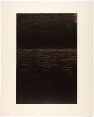  "GB 35-1968 Mer" by Anna-Eva Bergman is an abstract woodcut print with a bold black area on the top three-quarters and a shimmering horizontal strip of gold representing the sea along the bottom quarter, set on a paper with a natural off-white border.