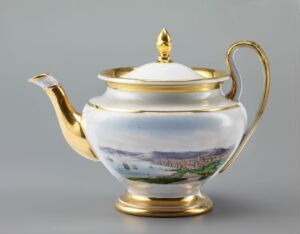  A porcelain teapot titled "Trondhjem" by Gustav Friedrich Hetsch, featuring hand-painted landscape decor in enamel colors and gold detailing, on a creamy glazed feldspar porcelain body.