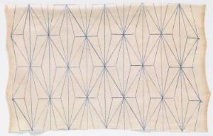  Abstract geometric pattern with interconnected blue lines forming elongated diamonds on a light beige background, evoking a serene and minimalist design. Artist name and title are unknown.