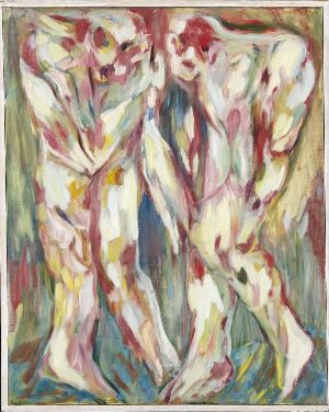  Abstract oil on canvas painting titled "Sammenbruddet" by Svend Wiig Hansen, featuring chaotic intertwining human figures in pastel and vivid colors, emphasizing emotional turmoil through dynamic brushstrokes.