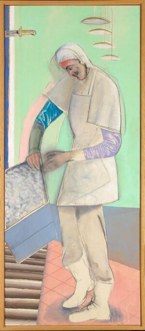  "Fiskehandleren" by Kjell Torriset, featuring a stylized depiction of a fishmonger in white garments with lavender and blue accents, set against a backdrop of soft pastel turquoise and yellow, with minimalistic fish hooks design and brown steps.