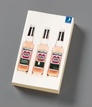  A book or box resembling a set of three vertical bottles with a peach to pink gradient and playful labels is displayed against a grey backdrop on a light beige surface, with an offset print on cardboard/paper, associated with MånPocket.