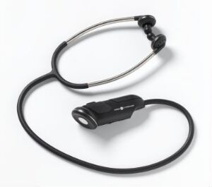  A pair of black wireless in-ear headphones with a flexible neckband and an in-line control module, resting on a light gray background.