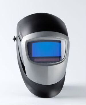  "Speedglass 9000" welding helmet by Ergonomi Design Gruppen, featuring a smooth gradient from black to gray, a blue filter lens, and streamlined, modern contours.