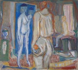  "The Models Homage" by Kai Fjell is an oil on canvas visual art piece showing expressionistic portrayals of human figures in a studio setting, with a soft pastel color palette and a blend of warm and cool tones.