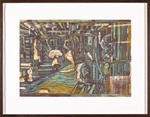  Abstract art print "March to good" by Tal R featuring a chaotic blend of overlapping colors and shapes with the suggestion of figures and architectural elements, done in color woodcut and etching on paper.