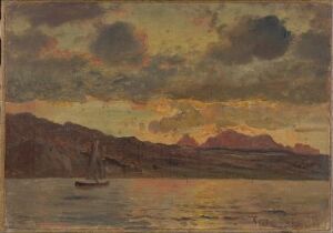  "Marine" by Carl Frederik (C.F.) Sørensen, an oil on canvas painting, featuring a small boat on calm waters against a backdrop of mountains under a sunset sky with heavy clouds in shades of gray, black, orange, and yellow.