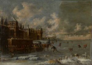  "Vinterlandskap," a painting by Klaes Molenaer, depicting a serene winter scene with figures ice skating on a frozen waterway, a dark fortress-like structure to the left, and a dynamic sky with clouds transitioning from warm to cool colors.