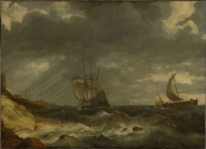  "The Entrance of a Harbour" by Bonaventura Peeters (I) is an oil painting illustrating a stormy maritime scene with two ships navigating turbulent, greenish-gray waves under a brooding sky with diagonal