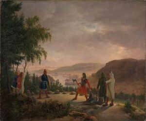  "The Harbour in Skiringssal" by artist Johannes Flintoe, an oil painting on canvas, depicting a historical scene with four figures in colorful 19th-century garments conversing on a rocky path near a calm harbor with boats, surrounded by rolling hills and a dramatic twilight sky.