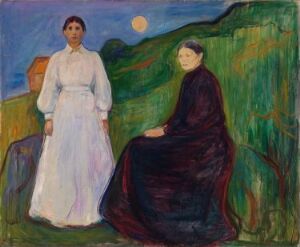  An oil painting by Edvard Munch featuring two women outdoors, one standing in a white gown and the other seated in a dark cloak, against a background of rolling green hills and a twilight sky with houses peeking over the hill on the left, under a round sun. The work employs expressive brushstrokes and a vivid color palette.