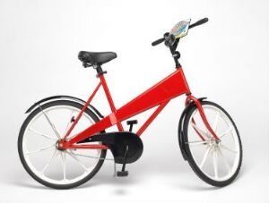  A red bicycle designed by CIOS Aps with a glossy frame, silver spoked wheels, black tires, a handlebar-mounted light blue device holder, and a black seat, set against a clean, white background.