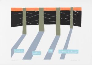  "Between offline and online," a fine art print by Annette Kierulf, featuring vertical elements suggestive of trees in gradient grays with light streaks set against a pale gray background, underlined by a bright orange band at the top and light blue rectangles resembling hyperlinks at the base of each vertical element.