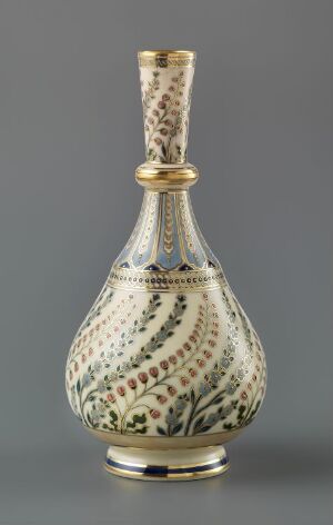  An elegant vase with a long neck and bulbous body, decorated with golden bands and a cascading leaf-like pattern in soft greens, pale pinks, and whites, set against a grey background. Artist name and title unknown.