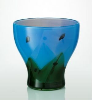  A conical glass object designed by Kari Ulleberg, using a blown colored glass technique, transitioning from a deep green base to a rich blue rim with small air bubbles embedded within the glass.