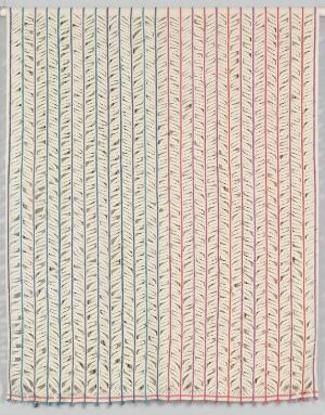  "Vårklipp," a hand-woven wool textile by Sissel Calmeyer, using a twill (kypert) technique with silk thread highlights. It features alternating vertical columns of leaf-like patterns in pale blue, cream, and gentle pink pastel colors, creating a soft spring-inspired design with a subtle three-dimensional felted texture.