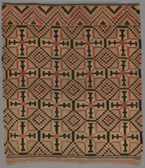  A textile featuring an elaborate geometric pattern woven in earthy beige with black, white, red, and green accents, showcasing a sophisticated use of color and traditional crafting techniques. Artist name and title are unknown.