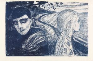  "Separation II" by Edvard Munch, a transfer lithograph on paper showing an expressive image of a man and a woman. The man's somber face is in the foreground to the left, with dark tones, downcast eyes, and strong outlines. To his right, the woman's face is turned away, her pale, flowing hair indicating