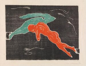  "Encounter in Space" by Edvard Munch, a color woodcut on paper showing two elongated, stylized figures—one seafoam green and one fiery orange—interacting against a dense black background, with suggestive curved lines indicating movement or forces around them.