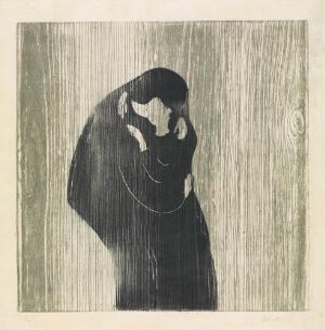  "The Kiss IV" by Edvard Munch, a woodcut print on paper showing an abstract silhouette of a couple in an intimate embrace, outlined in black against a light background, with a texture suggesting the wooden grain of the woodcut technique.
