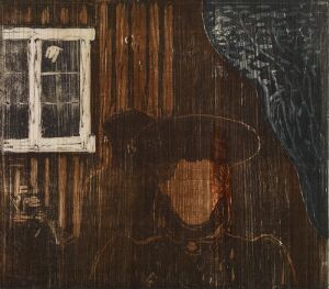  "Moonlight I" by Edvard Munch, a color woodcut on paper featuring a silhouette of a figure in a wide-brimmed hat against a background of wood textures, with a window on the left and a dark, moon-like shape on the right. The use of dark browns and muted tones conveys a nocturnal ambiance.