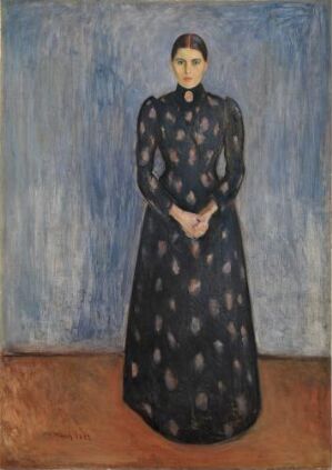  "Inger in Black and Violet" by Edvard Munch, a portrait of a woman in a black dress with violet polka dots, standing against a textured blue background with a warm earth-toned floor.